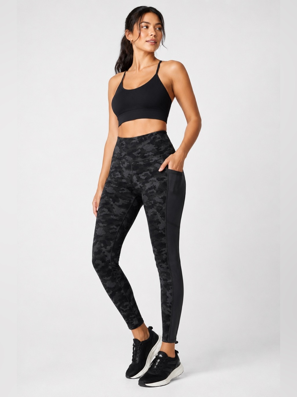 Fabletics PowerHold High Rise Pocket Leggings Black Camo Small